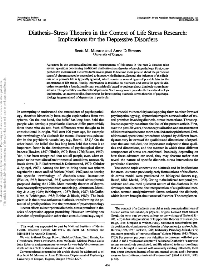 Diathesis-Stress Theories in the Context of Life Stress Research: Implications for the Depressive Disorders