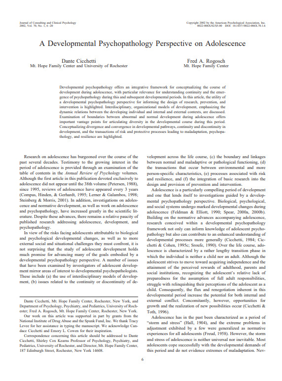 A developmental psychopathology perspective on adolescence